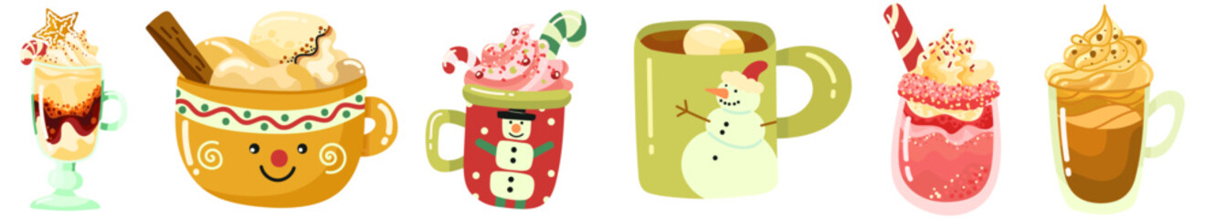 Christmas Items Set. Christmas drinks. Winter New Year elements. Vector hand draw illustration