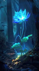 A luminous flower glowing in the darkest depths of an enchanted forest