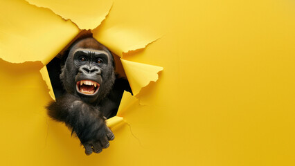 An intriguing image showcasing a chimpanzee's hand extending through a torn yellow paper, symbolizing help or connection