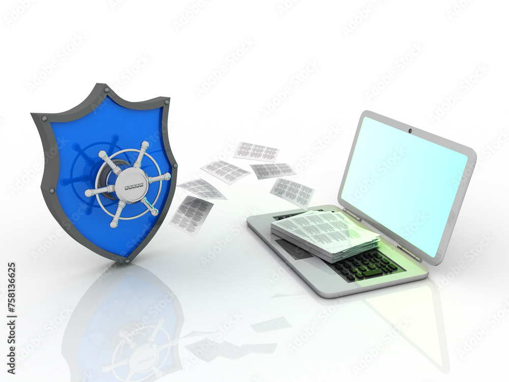 Poster 3d rendering laptop with document protected shield lock