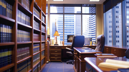 A sophisticated, well-organized office space with a panoramic view of skyscrapers outside the window, evoking productivity