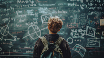 Boy looking on chalkboard. School concept. 
