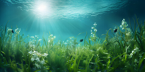 Fototapeta na wymiar Oceanic Serenity Vibrant Seascapes And Marine Life In The Summer Underwater World Background .HD 8K wallpaper 