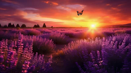 Rolgordijnen Beautiful landscape sunset field with lavender flowers. © Kassandra