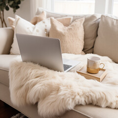 photo of laptop on faux fur blanket, boucle couch, white aesthetic