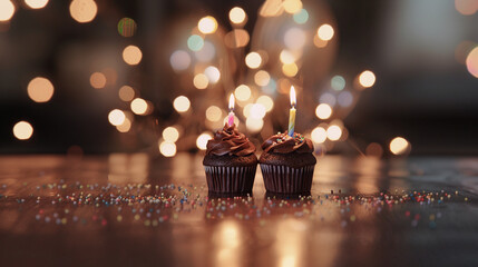 Dos Magdalenas de chocolate decoradas con una vela sobre una mesa y fondo con luces para fiesta de cumpleaños o celebración sorpresa - obrazy, fototapety, plakaty