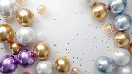 Fondo blanco con bolas de colores brillantes y confeti para celebrar cumpleaños o invitación sin gente.