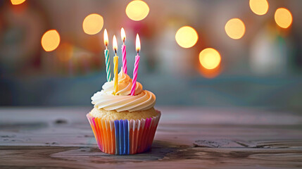 pastel de cumpleaños hecho en casa decorado con cuatro velas de colores para celebrar fiesta. - obrazy, fototapety, plakaty