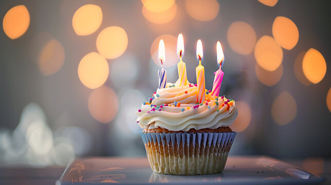 Magdalena en primer plano con nata y decorada con velas para pastel de cumplea&ntilde;os o fiesta en horizontal