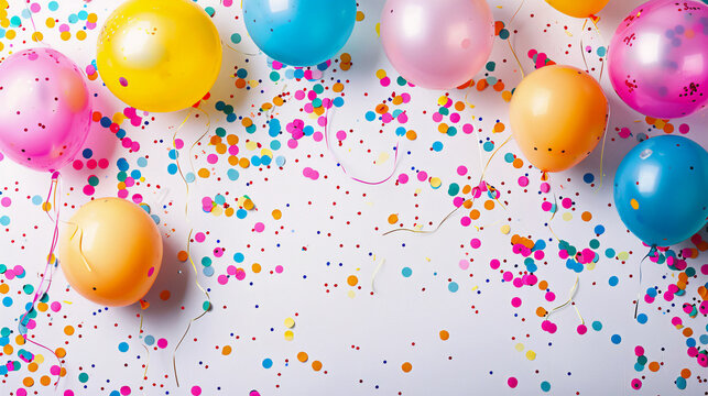 Fondo blanco con globos de colores y confeti para celebrar felicitación o fiesta de cumpleaños