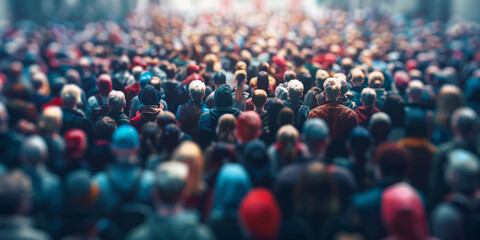 A crowd of people are standing in a large open space