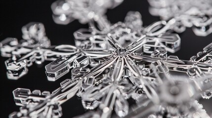 Extreme close-up of a unique snowflake highlighting its intricate patterns and clarity