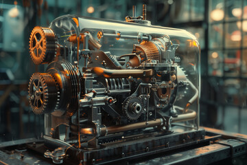 An industrial internal combustion engine with transparent casing - obrazy, fototapety, plakaty