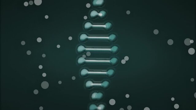 Animation of dna strand spinning and spots over dark background