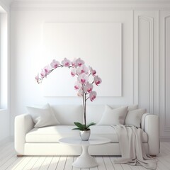 Interior design with white room and orchid flower displayed in a beauty room setting.