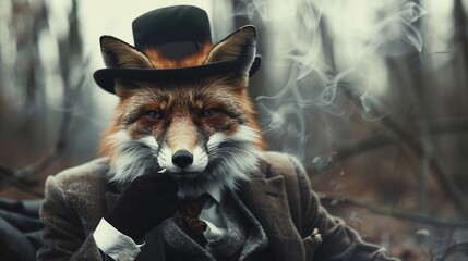 A suave and gentlemanly fox thief in sophisticated attire planning his next heist - obrazy, fototapety, plakaty