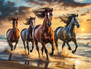 Wild horses running on a beach, illustration.
