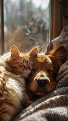 An overhead shot capturing the cozy companionship of a cat resting comfortably on the head of a dog emanating a sunny and inviting atmosphere