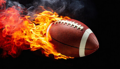Burning American football ball with smoke. Hot orange flame. Professional active sport. Black background.