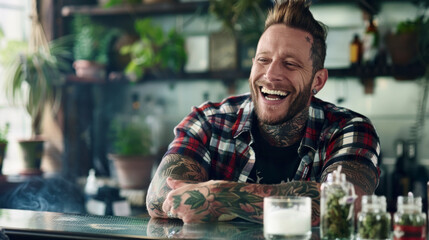 Smiling happy man, frequent guest of cannabis dispensary
