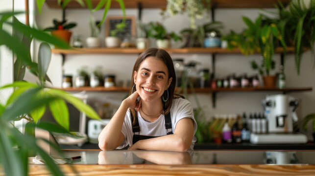 Smiling young white woman, budtender, worker of herbal remedies shop