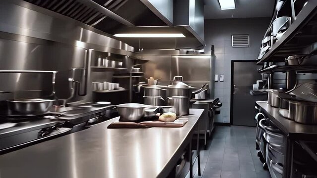 Design of a professional kitchen for a restaurant or cafe. Metal table. Kitchen equipment for catering. Cooking space.	
