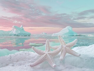 Fototapeta na wymiar A pastel-colored depiction of ice starfish in a tranquil arctic setting with a blank background