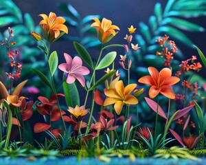 Garden scene with vibrant 3D flowers and plants