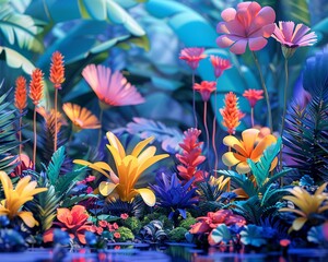 Garden scene with vibrant 3D flowers and plants