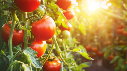Ripe tomatoes on branches, sunlight, close-up