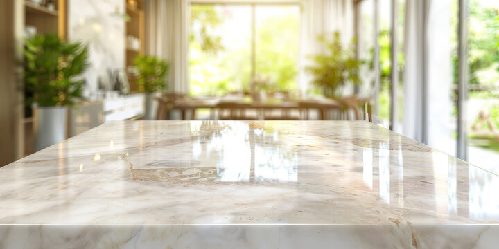 Empty beautiful marble table top counter and blur bokeh modern kitchen interior background in clean and bright,Banner, Ready for product montage