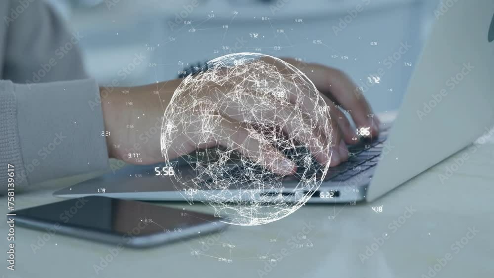 Poster animation of network of connections and globe over caucasian man using laptop