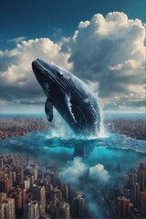 Whales flying over the city, fantasy environment