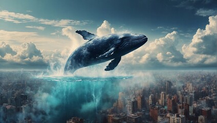 Whales flying over the city, fantasy environment - obrazy, fototapety, plakaty
