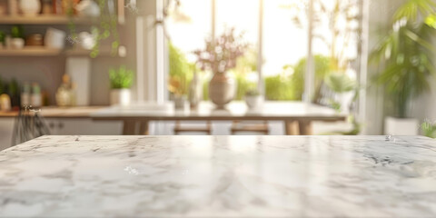 Empty beautiful marble table top counter and blur bokeh modern kitchen interior background in clean and bright,Banner, Ready for product montage - obrazy, fototapety, plakaty