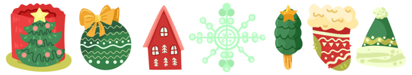 Christmas Items Set. Christmas cakes, tree toys, snowflakes, hat , socks, gifts and sweets. Winter New Year elements. Vector hand draw illustration