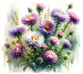 Watercolor painting of Aster Flowers