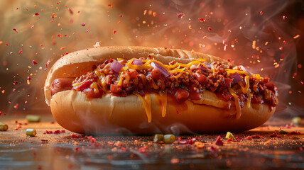 A loaded chili cheese hotdog with toppings. - obrazy, fototapety, plakaty