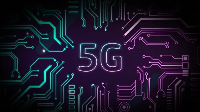 Animation of digital data processing over 5g text and circuit board