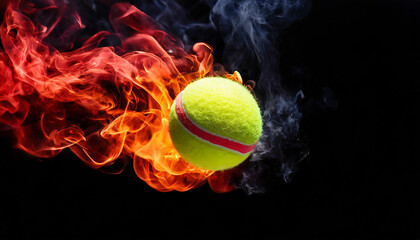 Burning tennis ball in the art. Hot orange flame. Active sport. Black background.