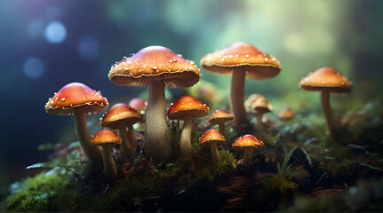 Fantasy enchanted fairy tale forest with magical Mushrooms .Generative AI - obrazy, fototapety, plakaty