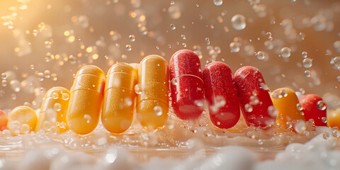 Various pills colored capsules of bio supplements and vitamins and multivitamins on a beige background