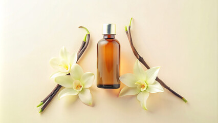 Vanilla Essential Oil in Glass Bottle with Vanilla Pods and Orchid Flower

