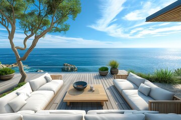 Oceanfront patio embraces serene coastal living, offering a luxurious relaxation oasis with a minimalist aesthetic
