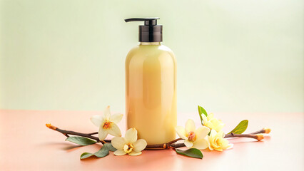 Fototapeta na wymiar Natural Vanilla Scented Liquid Soap with Orchid Flowers. Fancy bottle with a dispenser.