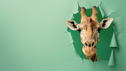 A playful giraffe gazes through a tear in mint green paper, blending the animal's natural charm with artistic whimsy