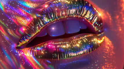 Glittery colorful lips close-up.