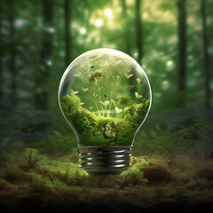 Green energy concept. Small green island with trees under the glass of an incandescent lamp.