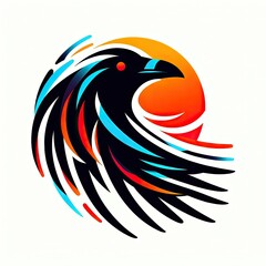 abstract sticker design of a crow with a sunset in the background