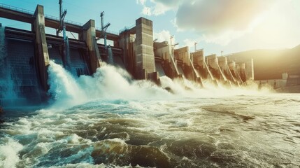 a majestic hydroelectric dam towering against the backdrop of cascading water, highlighting its capacity to harness the energy of fast-flowing streams for clean power generation. - obrazy, fototapety, plakaty